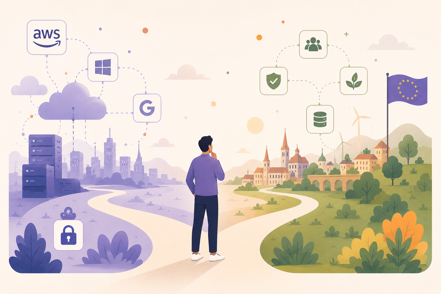 En illustration i akvarelstil af en mand der er i tvivl om, hvilken vej han skal gå. Han står på en vej, der deler sig i to. Den ene vej er markeret med et skilt, hvor der står "Europæisk AI", mens den anden vej er markeret med et skilt, hvor der står "Amerikansk AI". Manden ser ud til at være i tvivl om, hvilken vej han skal vælge.